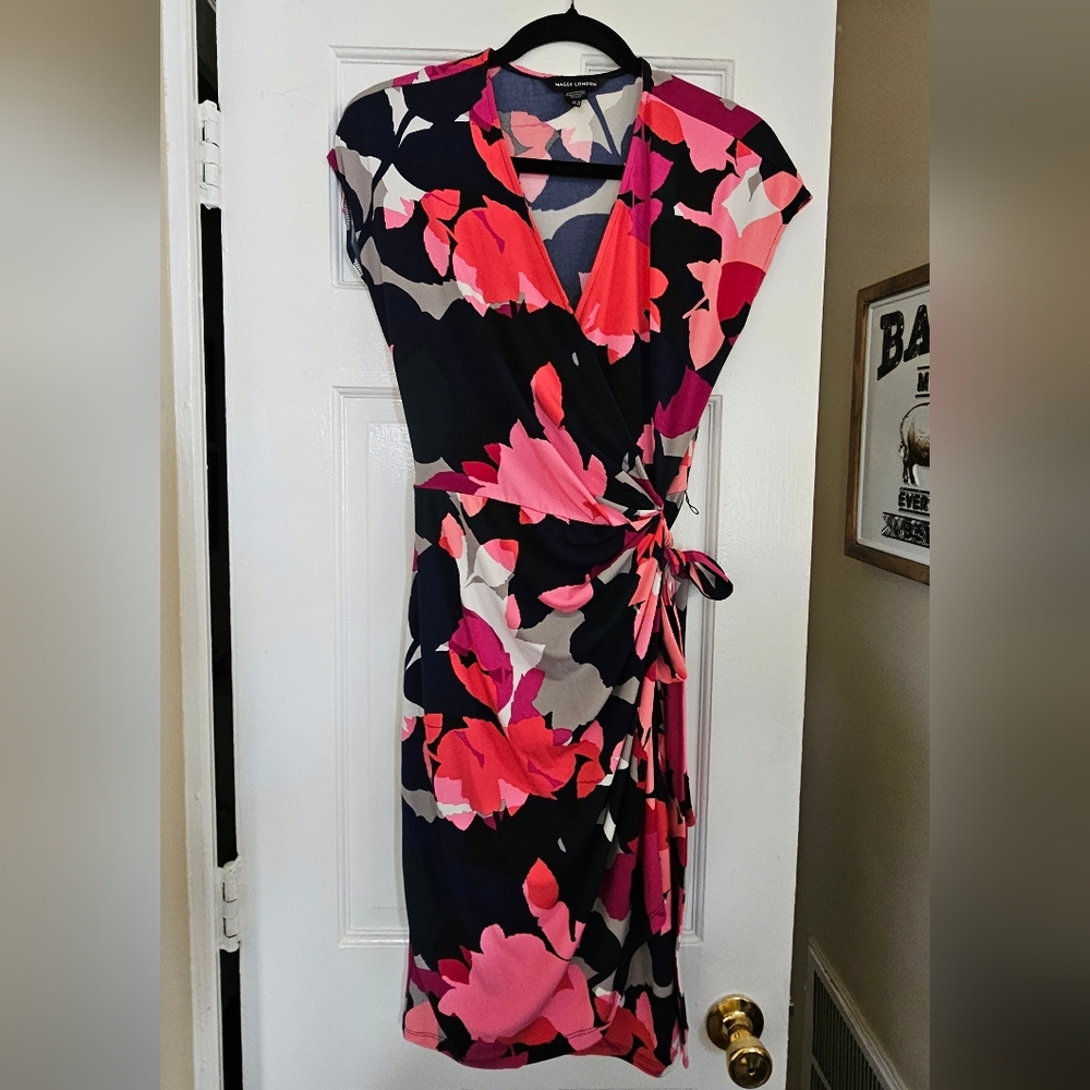 Maggy London Pink and Black Floral Wrap Dress